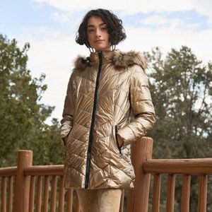 Chevron Padded Puffer Jacket with Faux Fur Hood